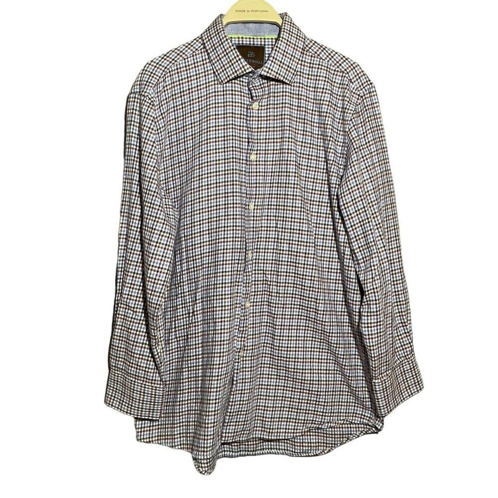 Tattersall Houndstooth Dress Shirt Button Men Size 16.5 32 33 Preppy Workwear